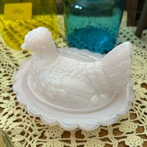 Mosser Pink Milk Glass Hen on Nest Dish